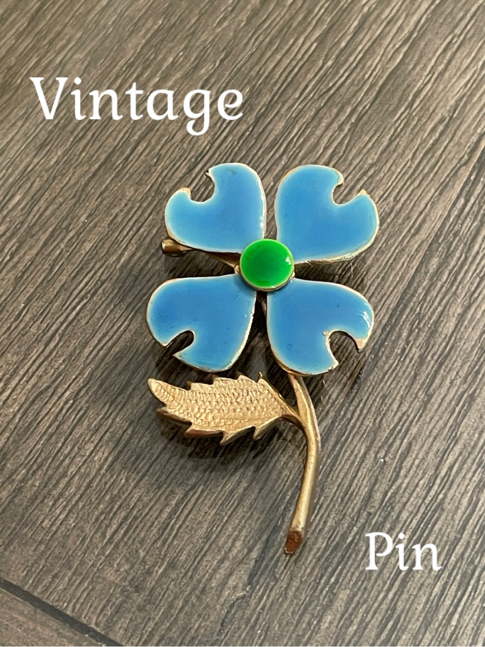 Enamel Dogwood Flower Brooch Vintage Blue & Green 1960s MOD Mid Century Pin